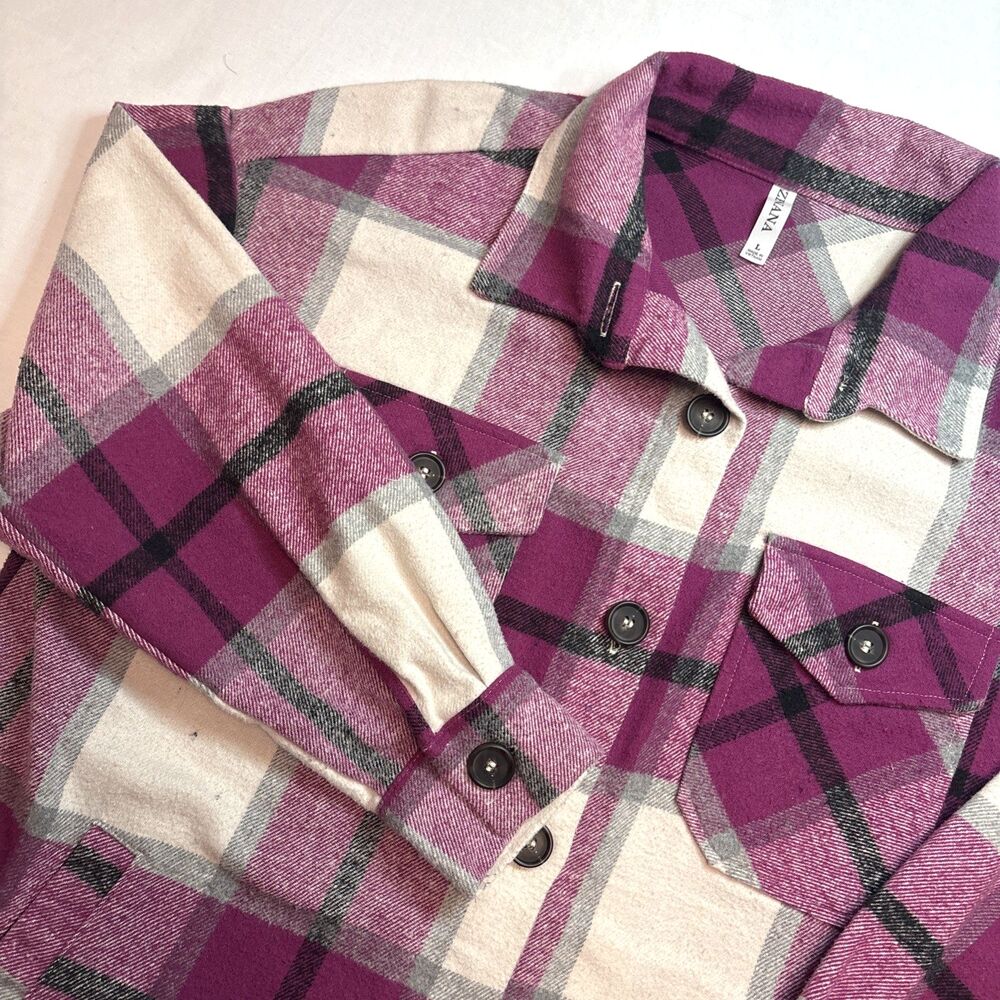 Zenana Women’s Plaid Shacket Jacket Button-Up Pockets Mid-Length Relaxed Large